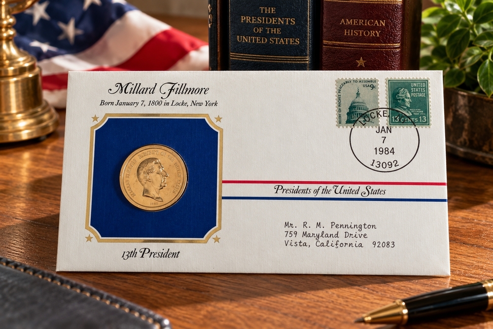 Millard Fillmore Presidential Medal Cover 24kt Gold Plated 1984 Postal Society